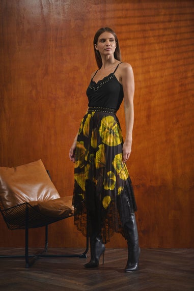 Star By Julien Macdonald Yellow Floral Pleated Mesh Skirt