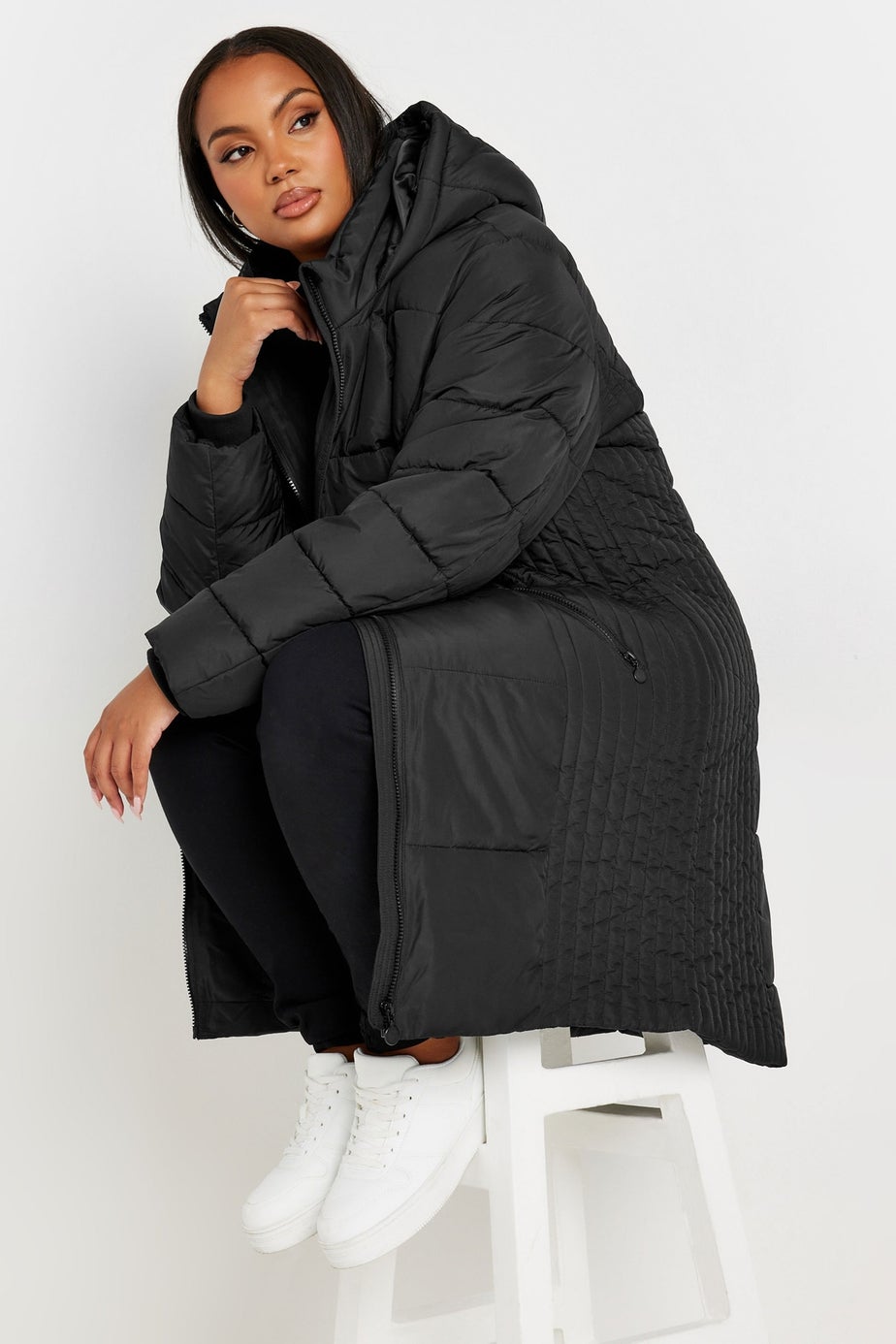 Yours Curve Black Midi Padded Coat