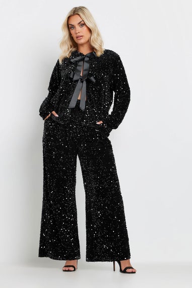 Yours Curve Black Velvet Bow Tie Front Sequin Jacket