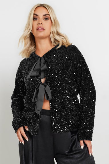 Yours Curve Black Velvet Bow Tie Front Sequin Jacket
