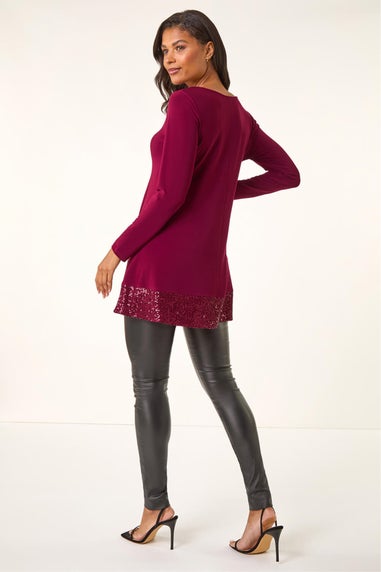 Roman Burgundy Sequin Hem Tunic Stretch Top