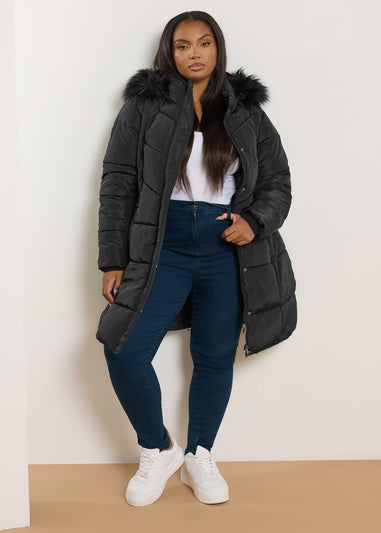 Yours Curve Black Puffer Midi Coat