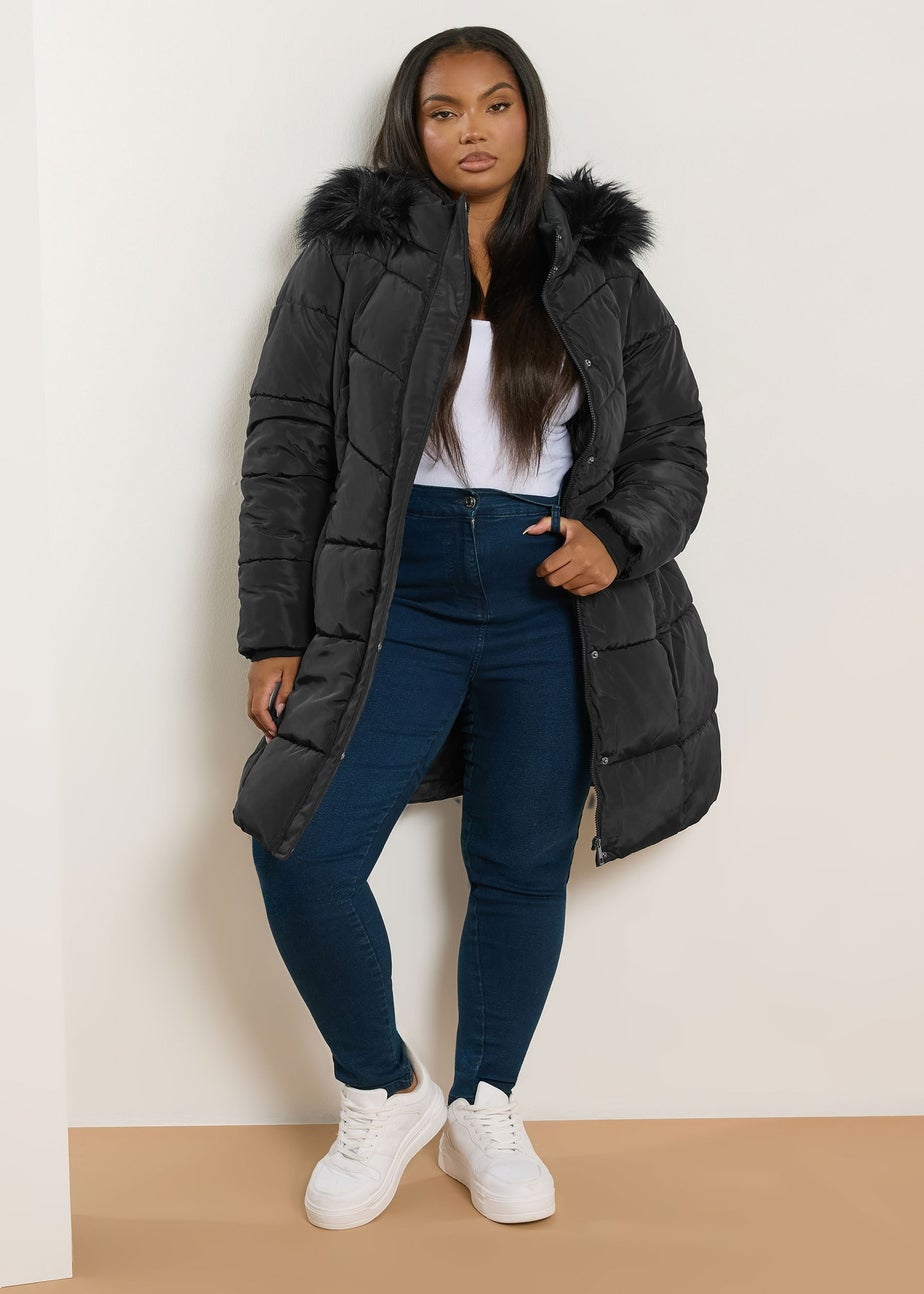 Yours Curve Black Puffer Midi Coat