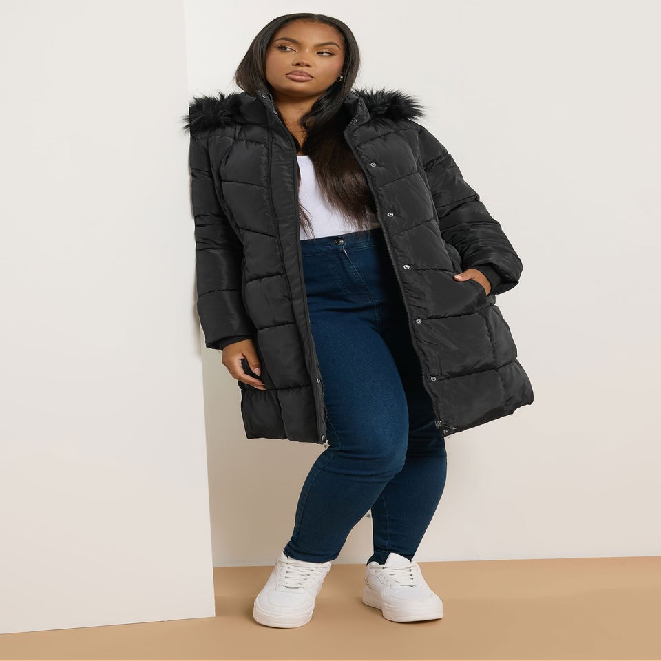 Yours Curve Black Puffer Midi Coat