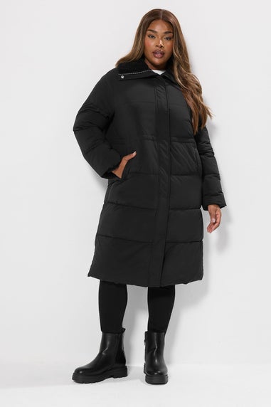 Yours Curve Black Funnel Neck Midi Coat
