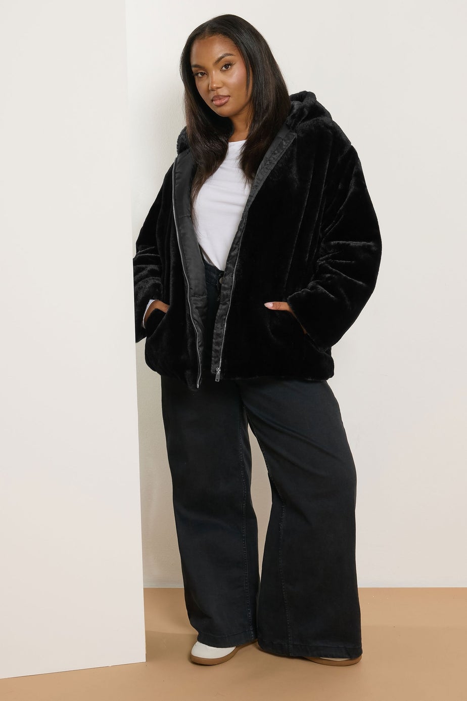Yours Curve Black Faux Fur Hooded Jacket