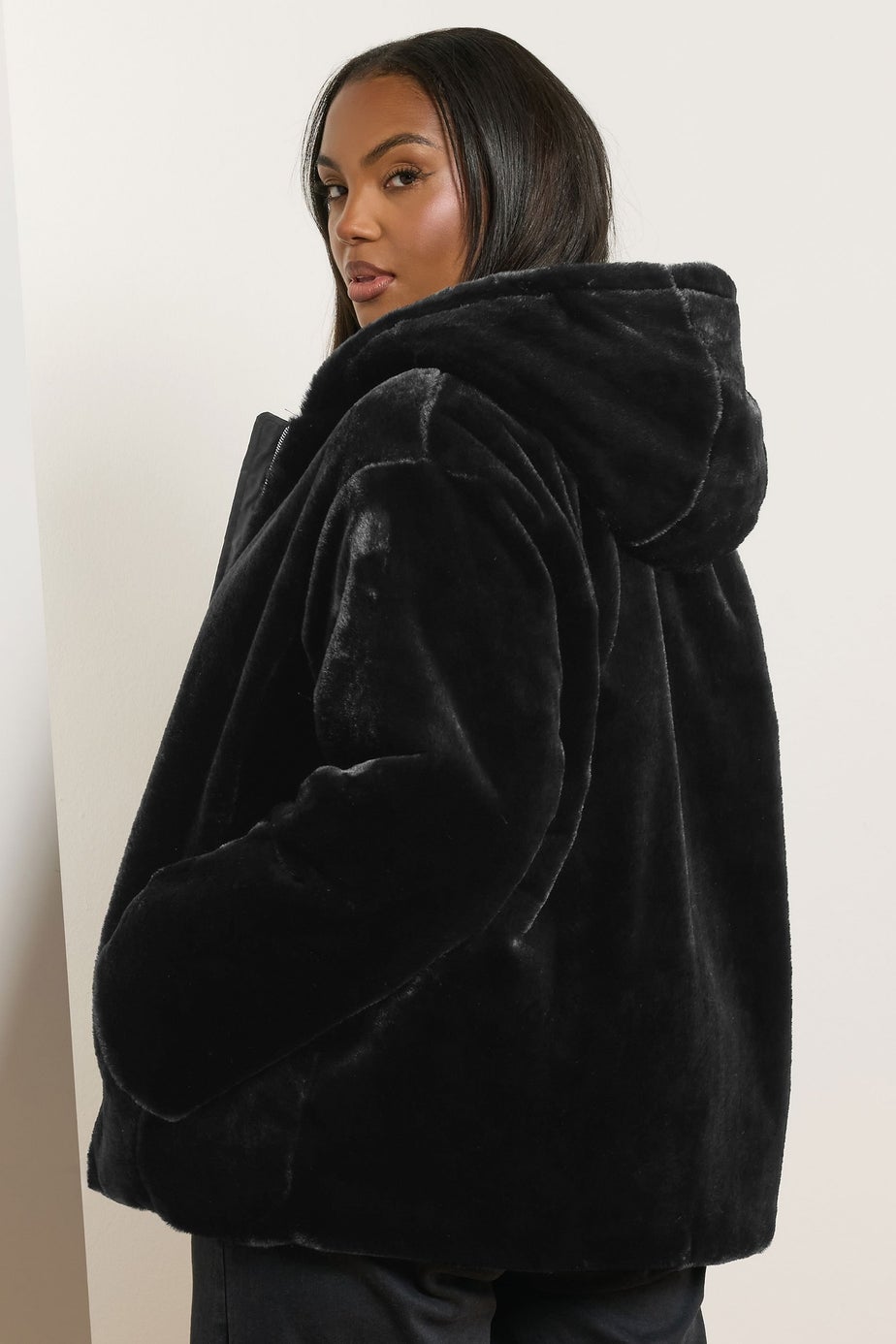 Yours Curve Black Faux Fur Hooded Jacket