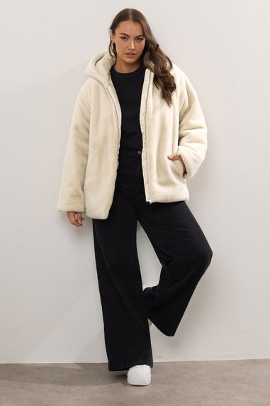 Yours Curve Ivory White Faux Fur Hooded Jacket