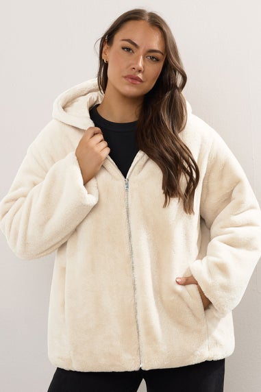 Yours Curve Ivory White Faux Fur Hooded Jacket