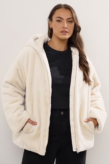Yours Curve Ivory White Faux Fur Hooded Jacket