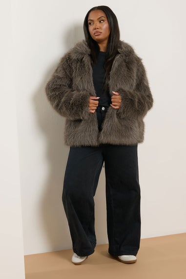 Yours Curve Brown Faux Fur Collared Jacket