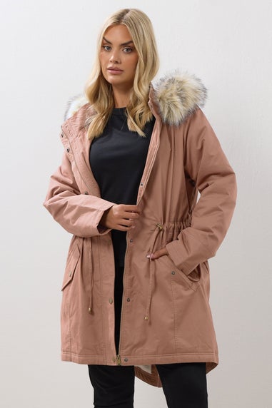 Yours Curve Pink Fur Trim Parka Coat