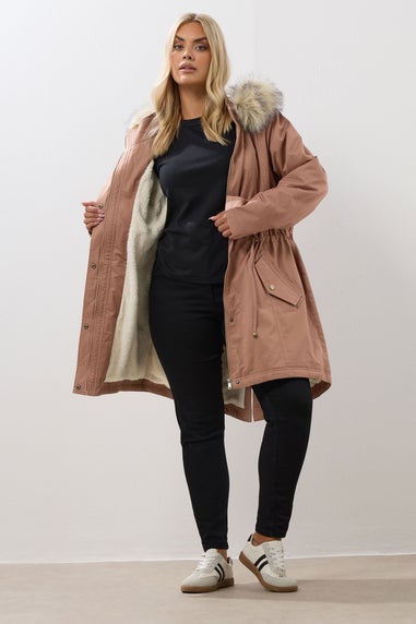 Yours Curve Pink Fur Trim Parka Coat