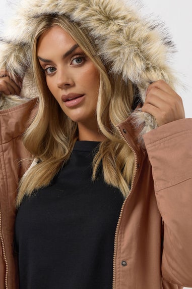 Yours Curve Pink Fur Trim Parka Coat