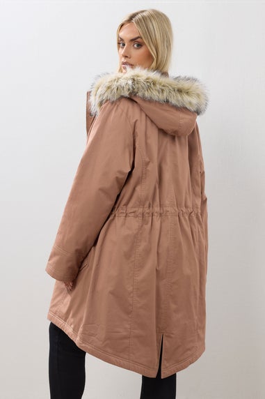 Yours Curve Pink Fur Trim Parka Coat
