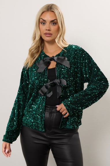 Yours Curve Green Velvet Bow Tie Front Sequin Jacket