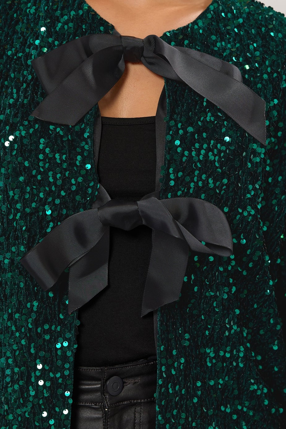 Yours Curve Green Velvet Bow Tie Front Sequin Jacket