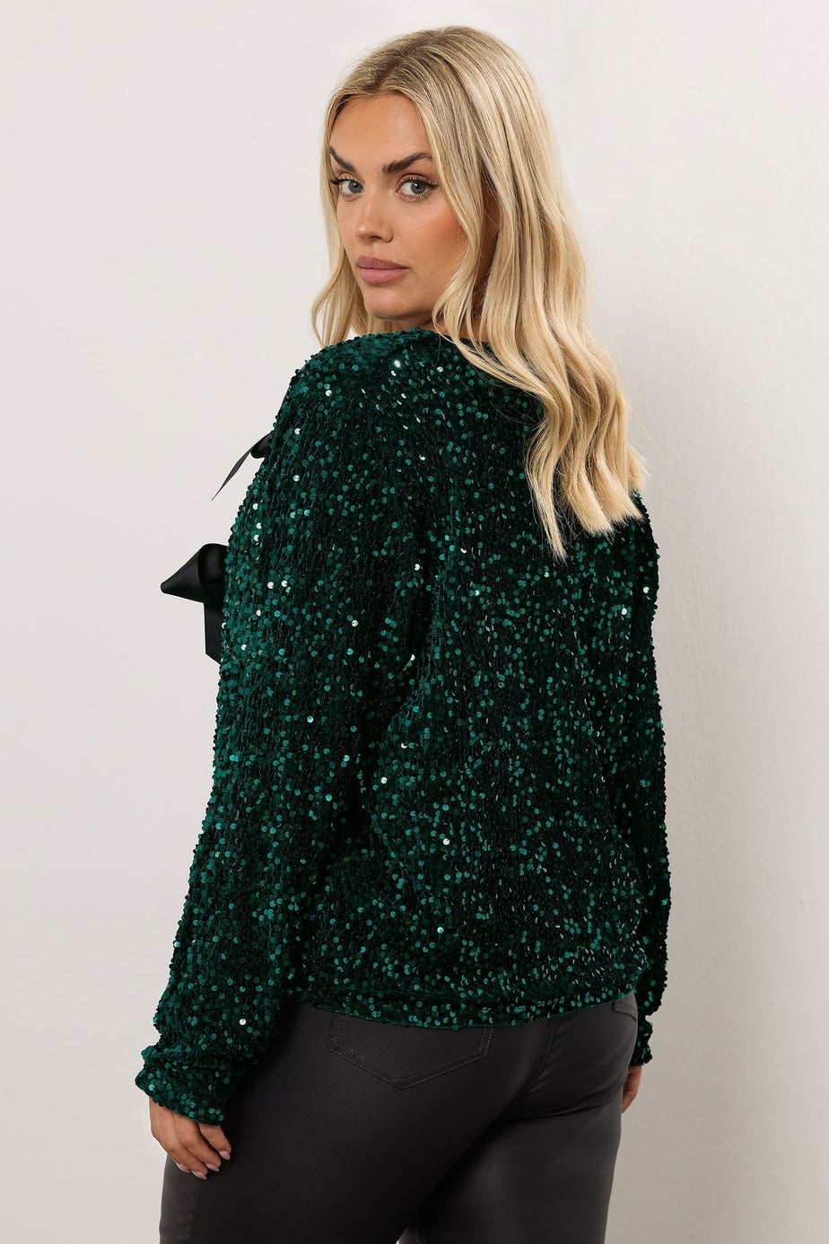 Yours Curve Green Velvet Bow Tie Front Sequin Jacket