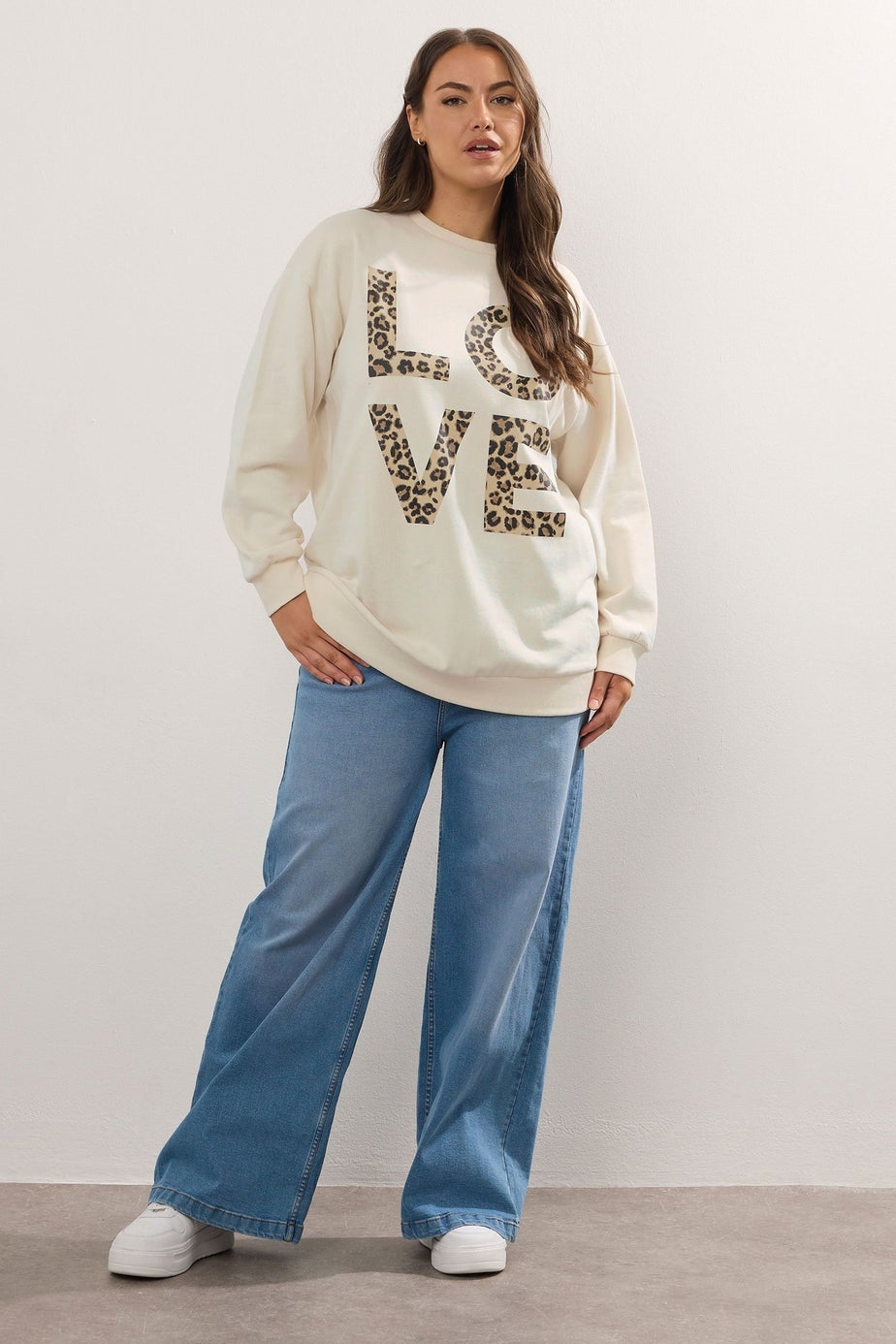 Yours Curve Ivory White Leopard Print 'Love' Sweatshirt