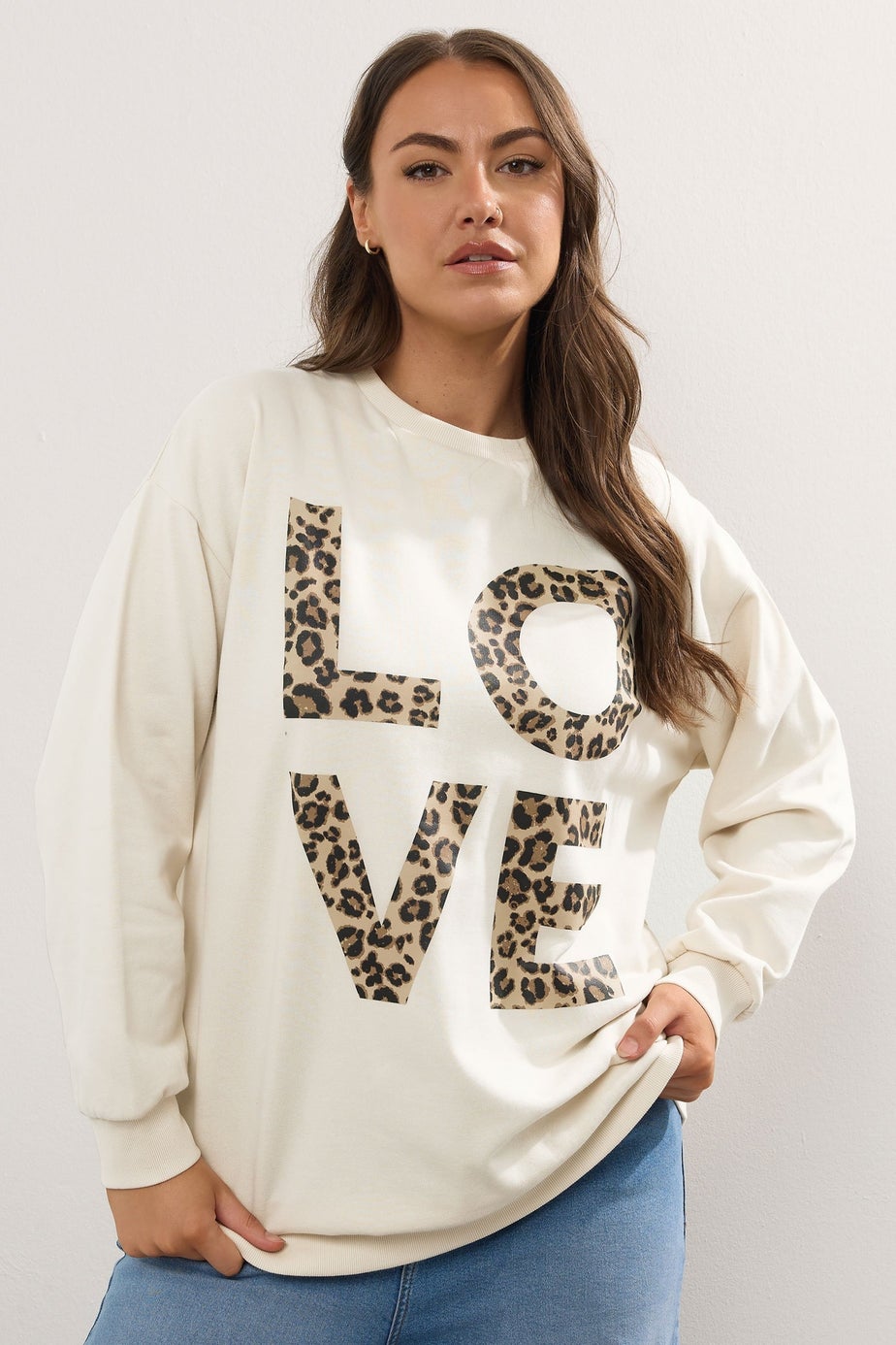 Yours Curve Ivory White Leopard Print 'Love' Sweatshirt