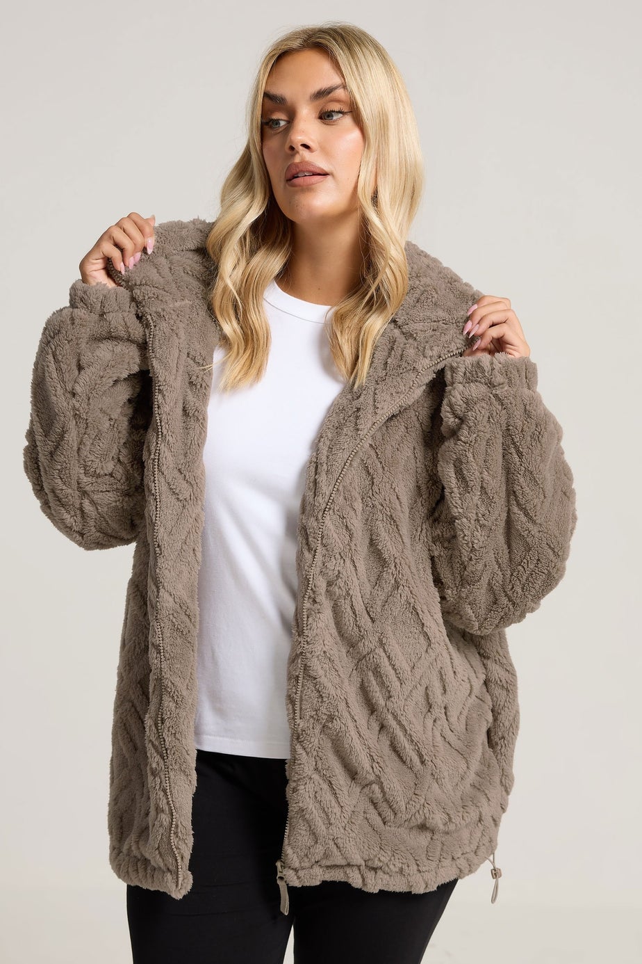 Yours Curve Brown Textured Fleece Jacket