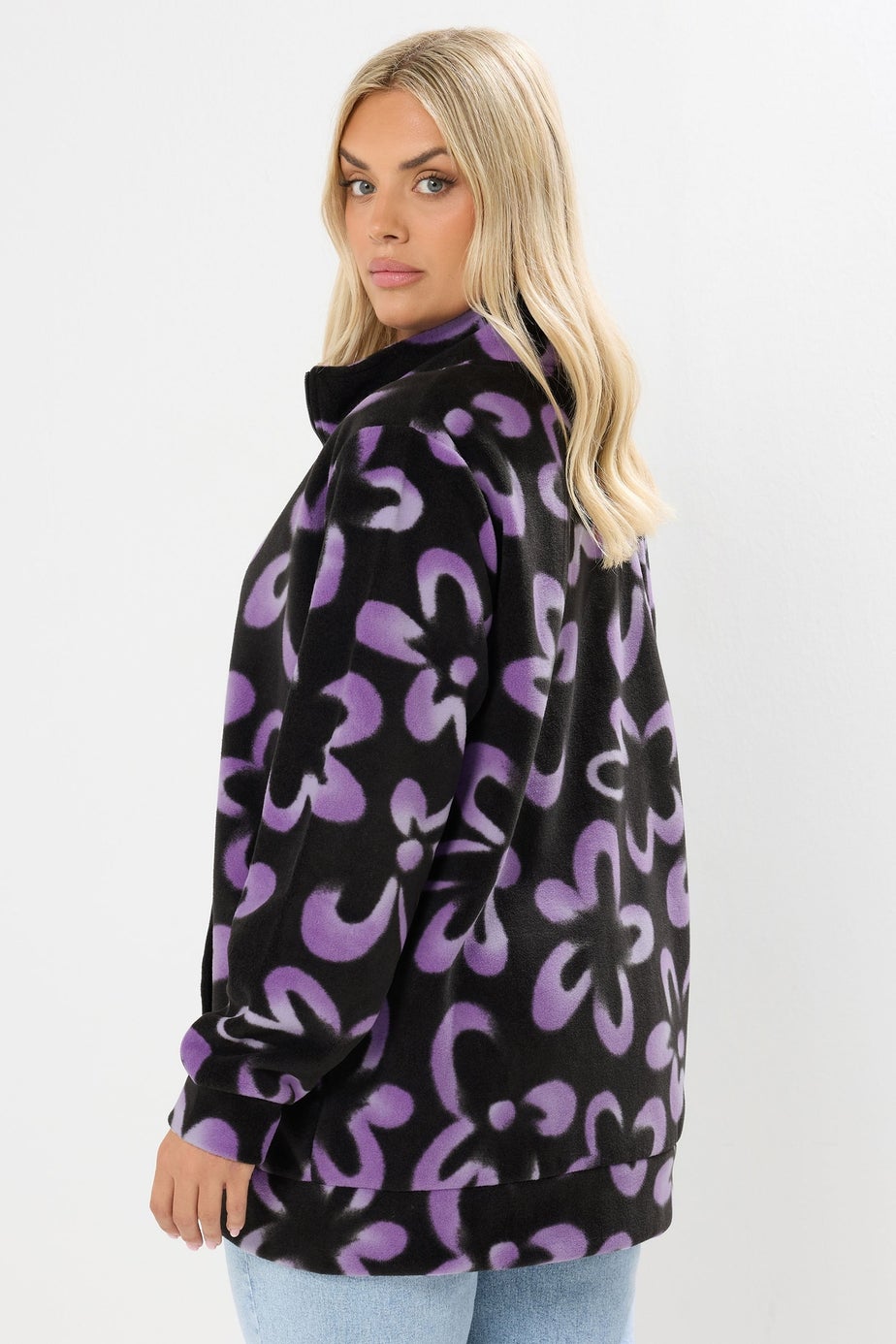 Yours Curve Black Floral Zip Through Fleece Jacket