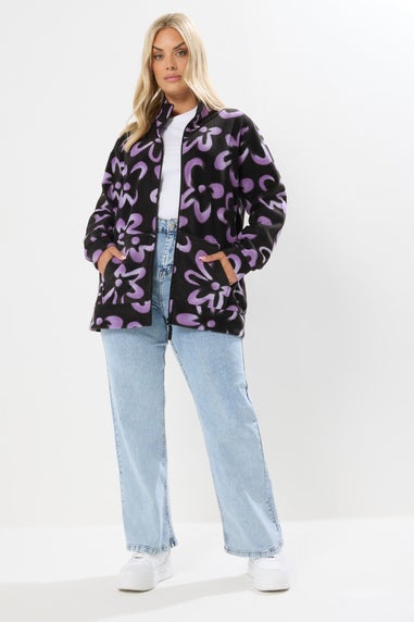 Yours Curve Black Floral Zip Through Fleece Jacket