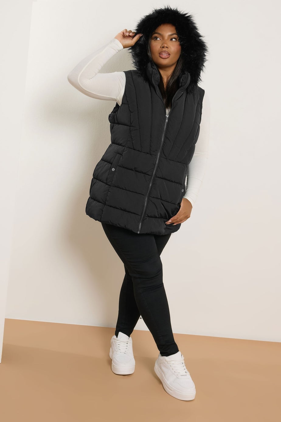 Yours Curve Black Faux Fur Trim Gilet
