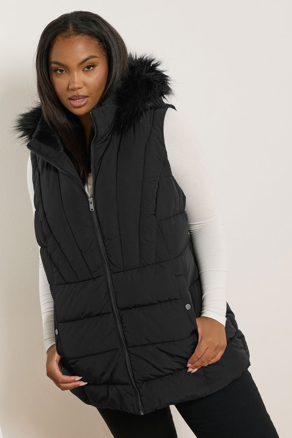 Yours Curve Black Faux Fur Trim Gilet