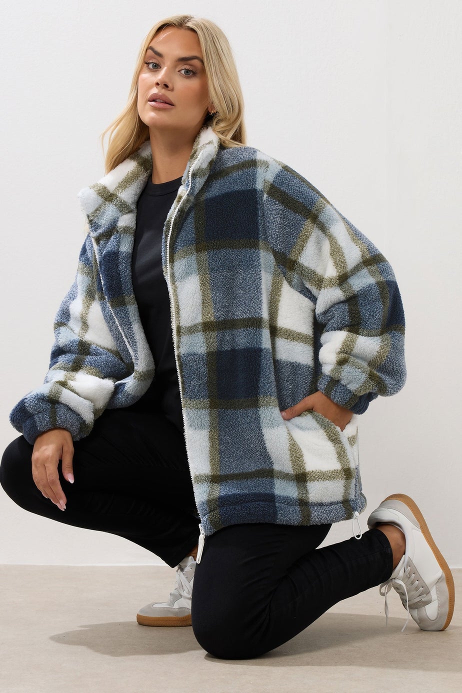 Yours Curve Blue Check Fleece Jacket