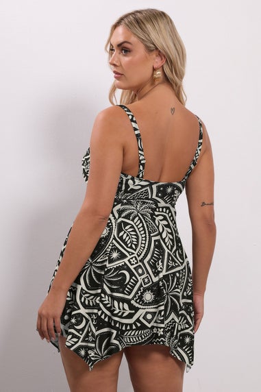 Yours Curve Black Postcard Print Hanky Hem Tankini Top