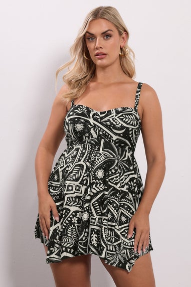 Yours Curve Black Postcard Print Hanky Hem Tankini Top