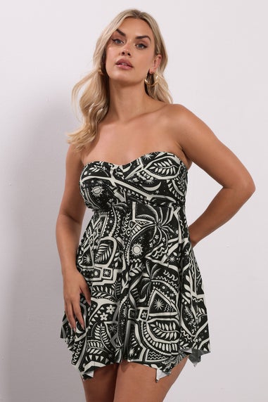 Yours Curve Black Postcard Print Hanky Hem Tankini Top