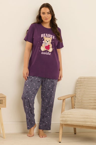 Yours Curve Purple 'Bearly Awake' Slogan Print Wide Leg Pyjama Set