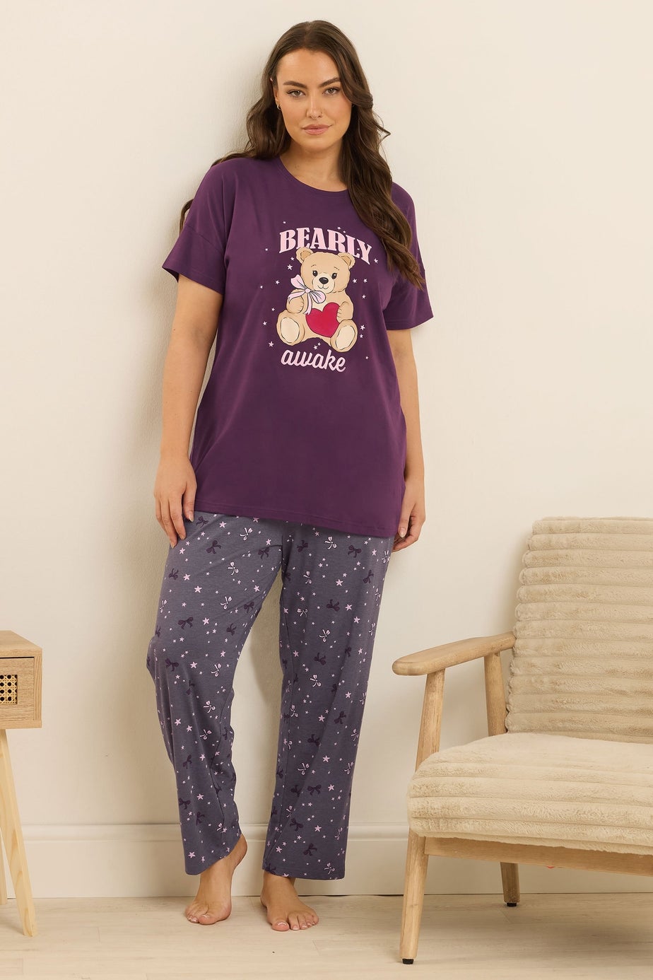 Yours Curve Purple 'Bearly Awake' Slogan Print Wide Leg Pyjama Set