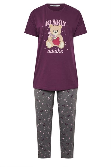 Yours Curve Purple 'Bearly Awake' Slogan Print Wide Leg Pyjama Set