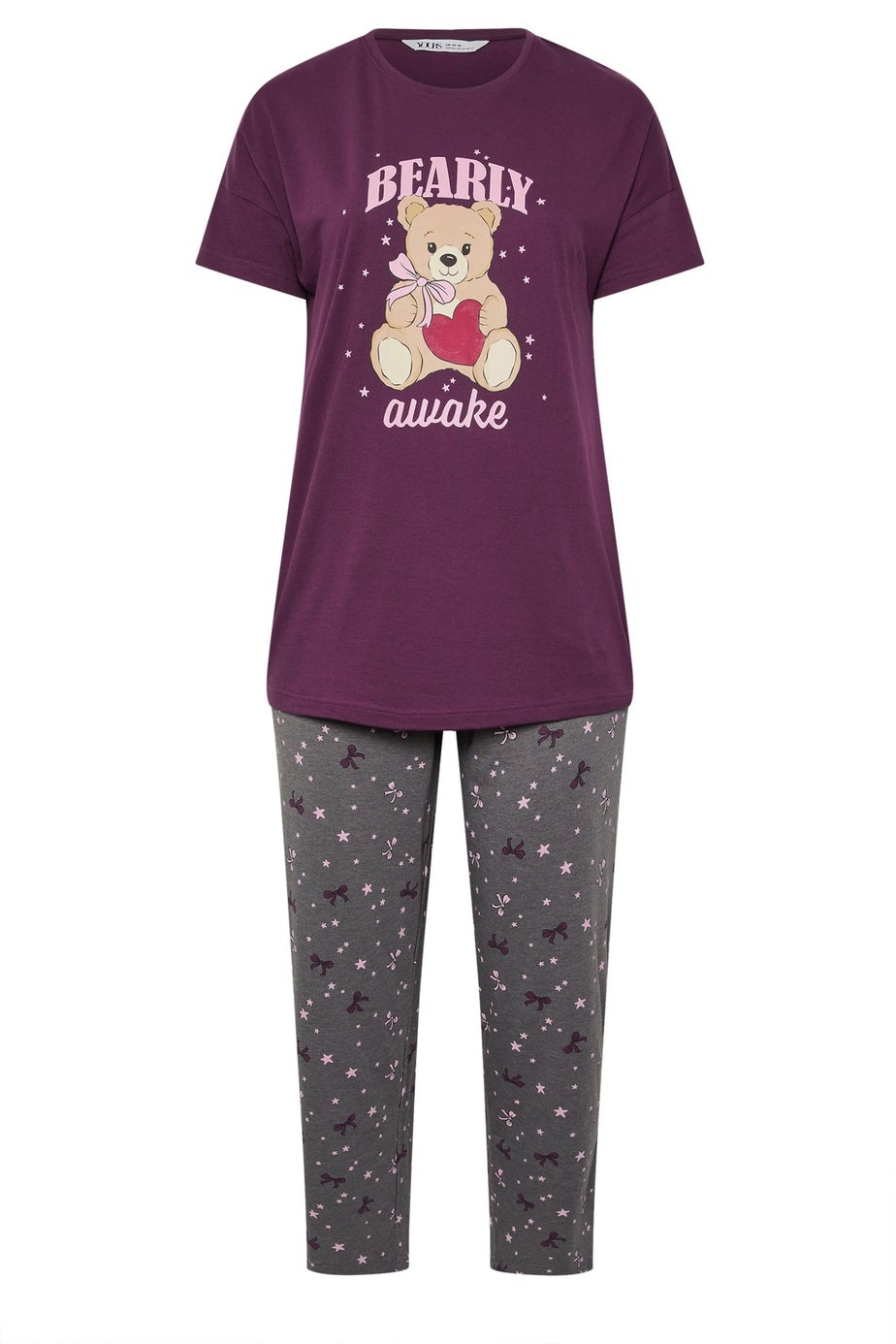 Yours Curve Purple 'Bearly Awake' Slogan Print Wide Leg Pyjama Set