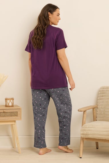Yours Curve Purple 'Bearly Awake' Slogan Print Wide Leg Pyjama Set