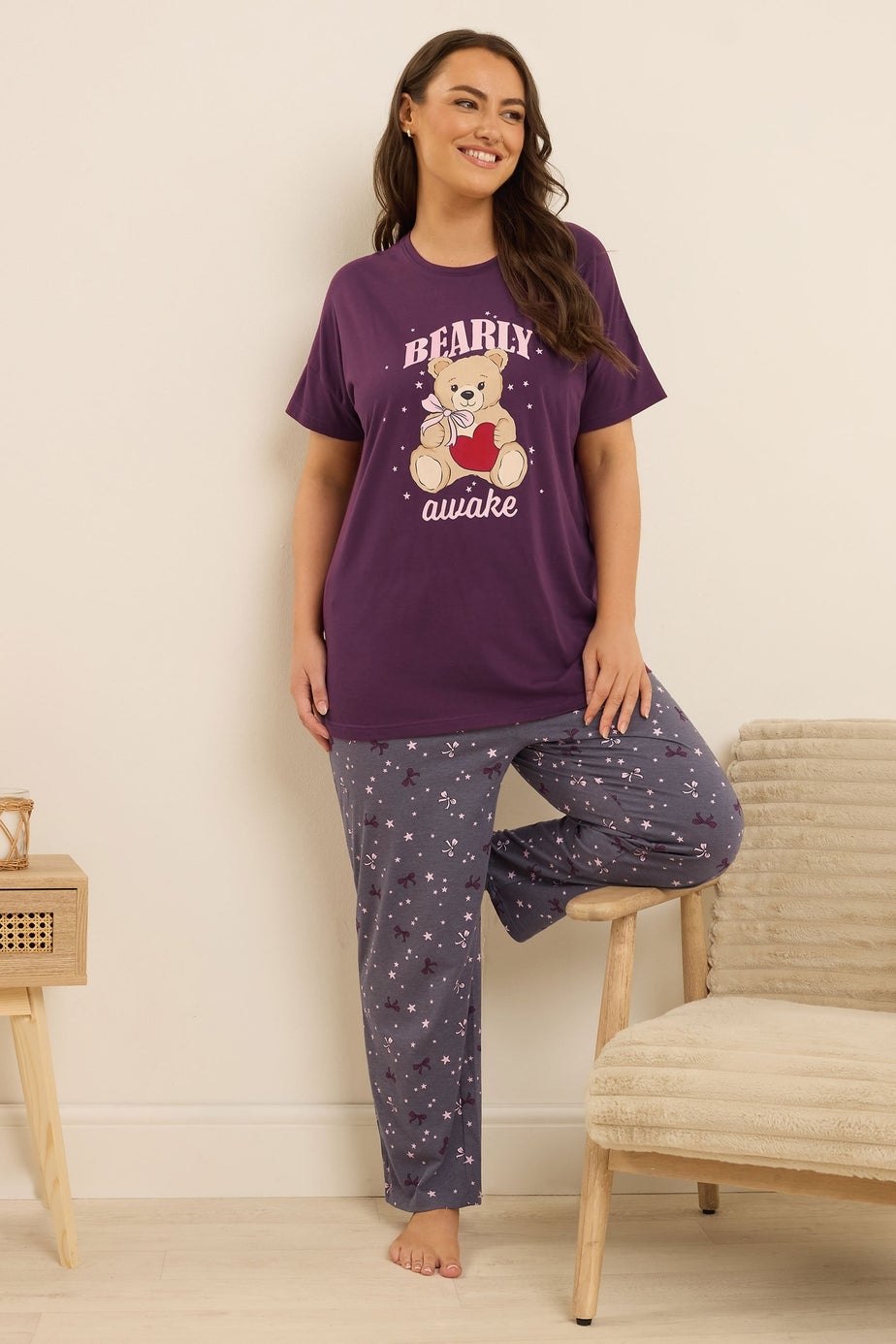 Yours Curve Purple 'Bearly Awake' Slogan Print Wide Leg Pyjama Set