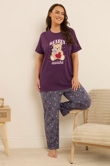Yours Curve Purple 'Bearly Awake' Slogan Print Wide Leg Pyjama Set