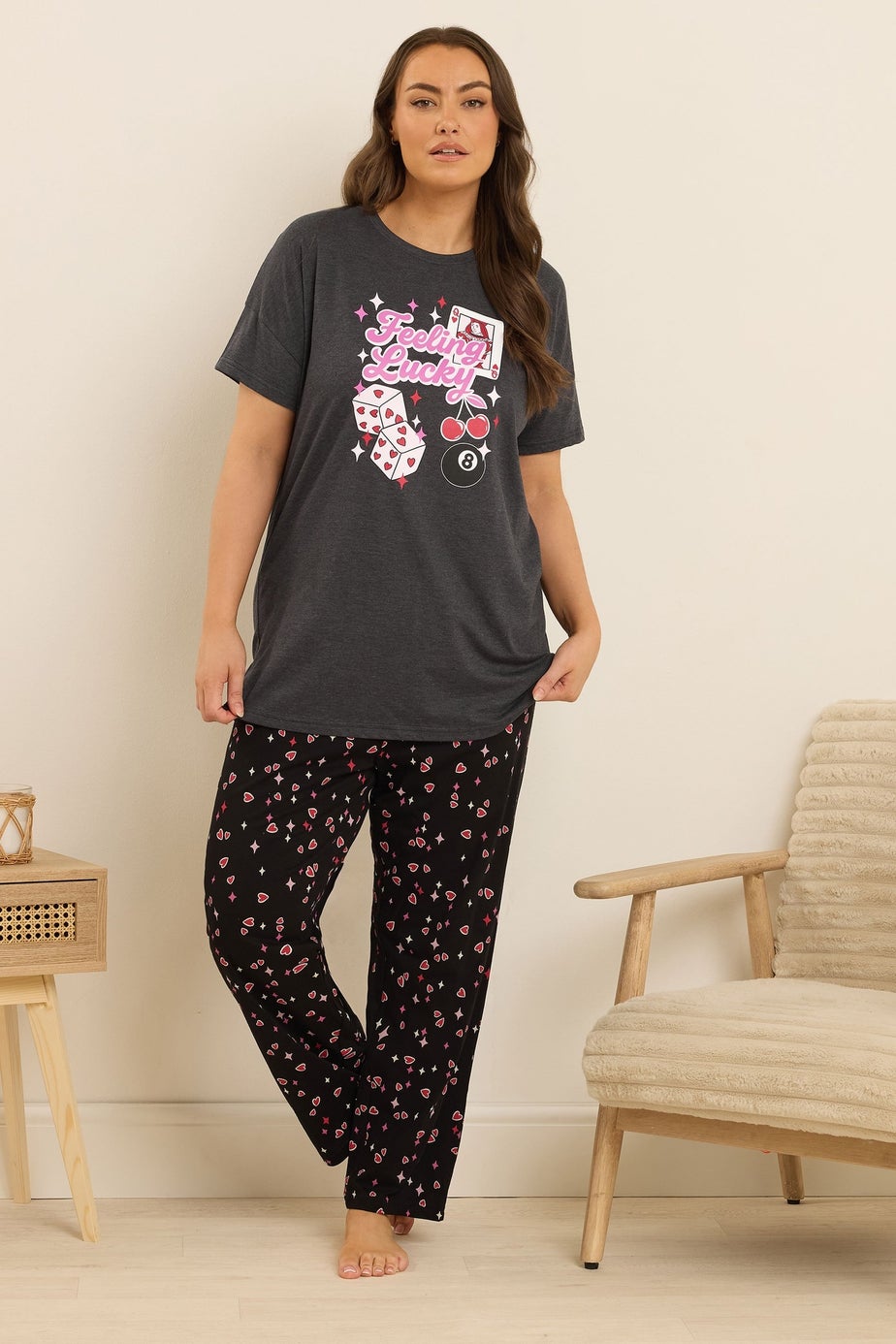 Yours Curve Grey 'Feeling Lucky' Slogan Wide Leg Pyjama Set