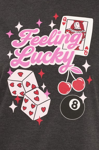 Yours Curve Grey 'Feeling Lucky' Slogan Wide Leg Pyjama Set