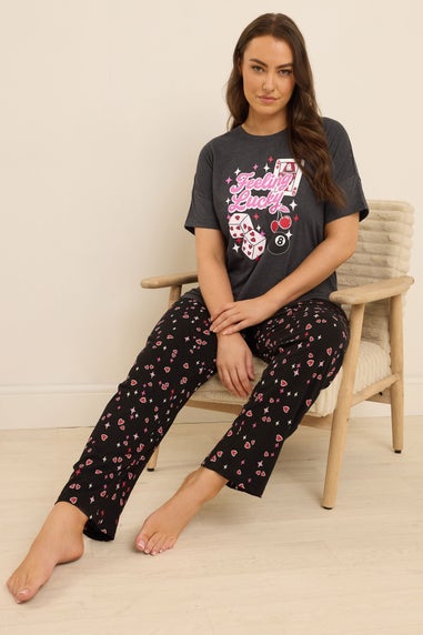 Yours Curve Grey 'Feeling Lucky' Slogan Wide Leg Pyjama Set