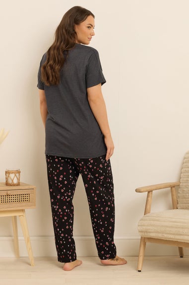Yours Curve Grey 'Feeling Lucky' Slogan Wide Leg Pyjama Set