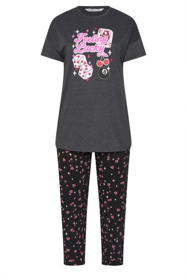 Yours Curve Grey 'Feeling Lucky' Slogan Wide Leg Pyjama Set
