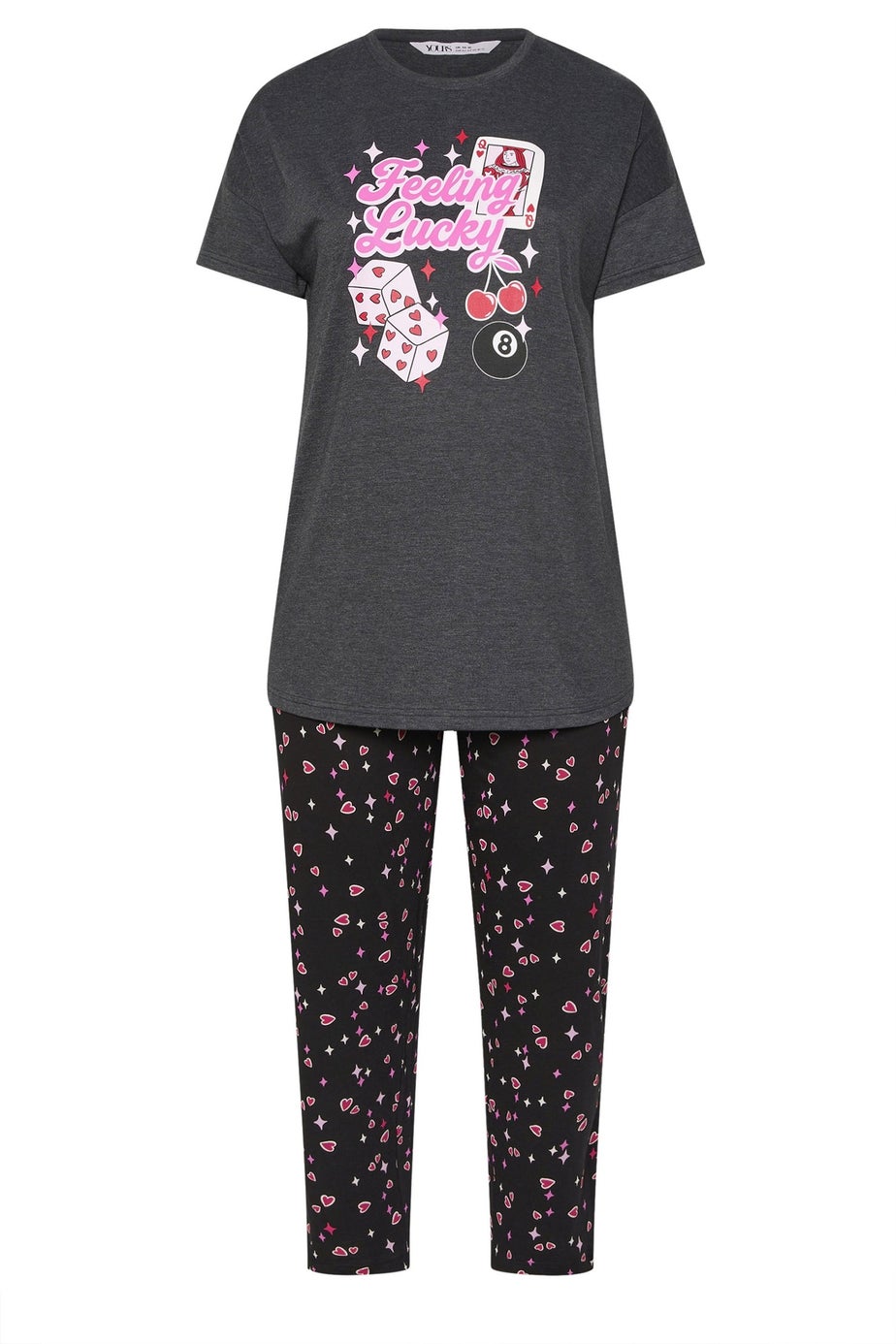 Yours Curve Grey 'Feeling Lucky' Slogan Wide Leg Pyjama Set