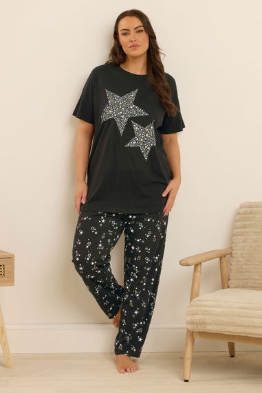 Yours Curve Black Star Print Wide Leg Pyjama Set