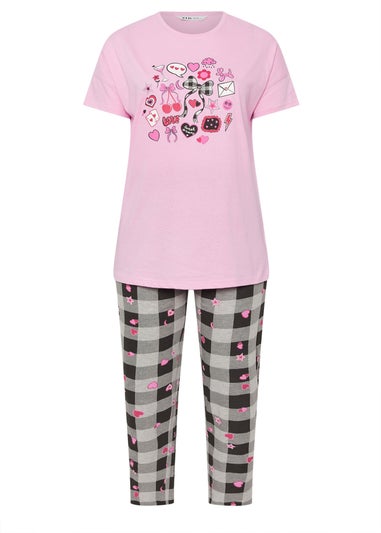Yours Curve Pink Gingham Bow Wide Leg Pyjama Set
