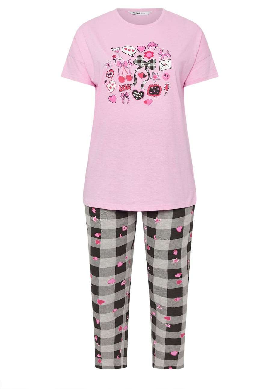 Yours Curve Pink Gingham Bow Wide Leg Pyjama Set