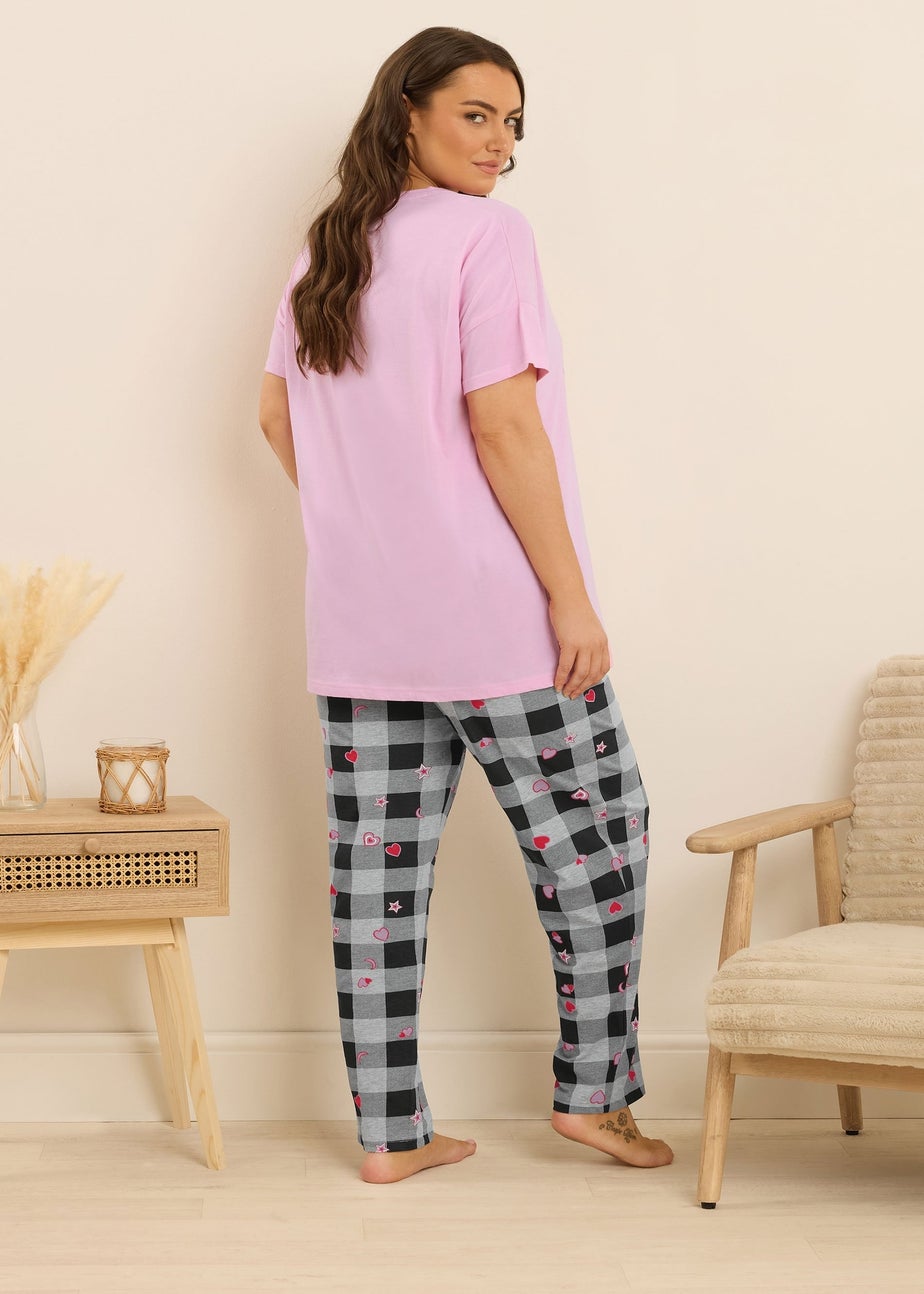Yours Curve Pink Gingham Bow Wide Leg Pyjama Set